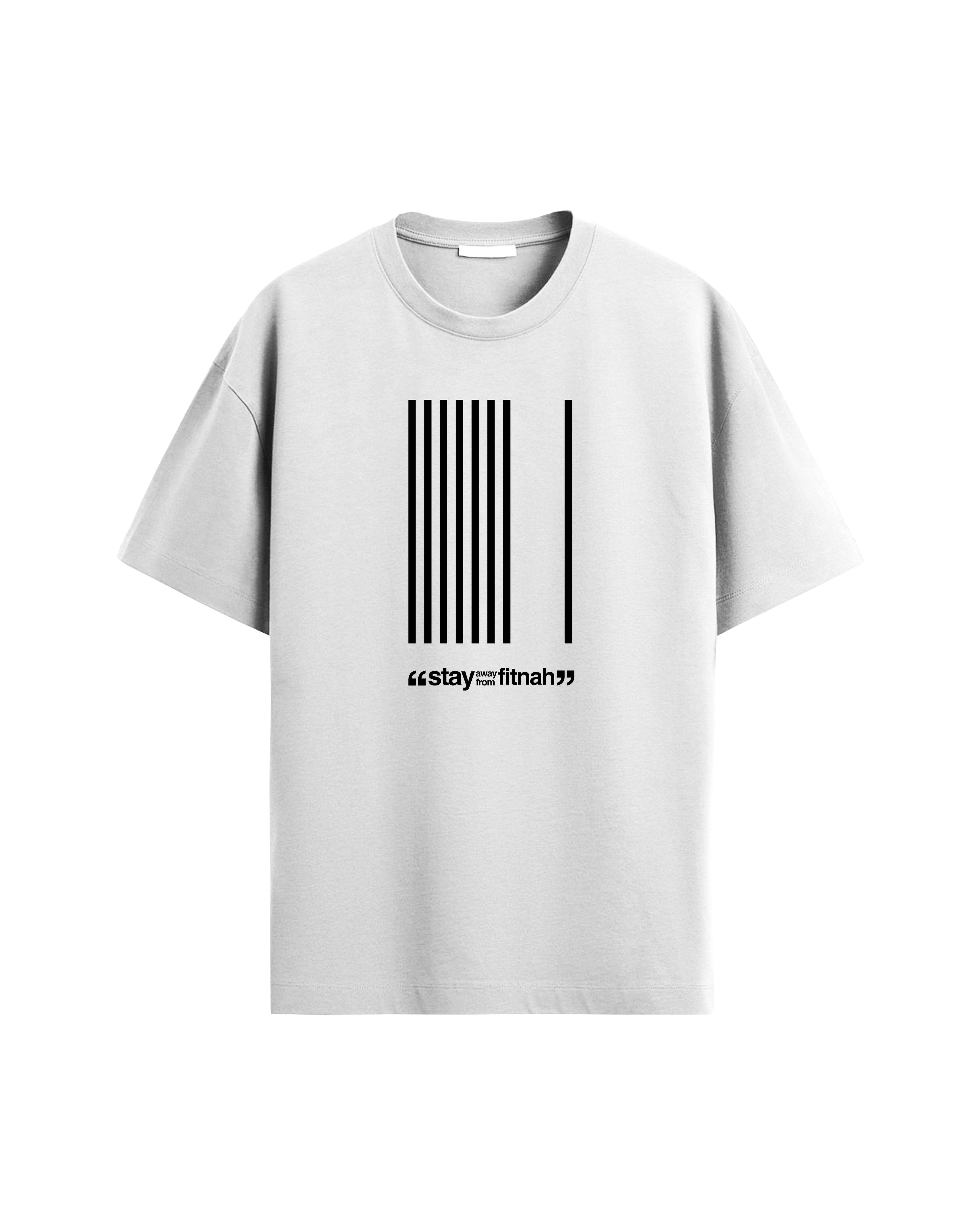 White t-shirt with text "stay away from fitnah"
